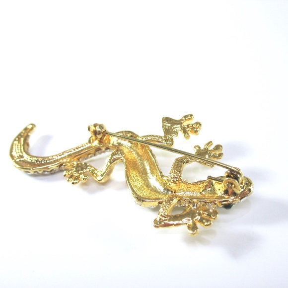 Pave Rhinestone Lizard Pin, Gecko, Gold Tone - Picture 5 of 6